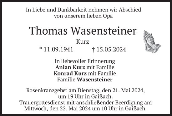 Traueranzeige von Thomas Wasensteiner von merkurtz