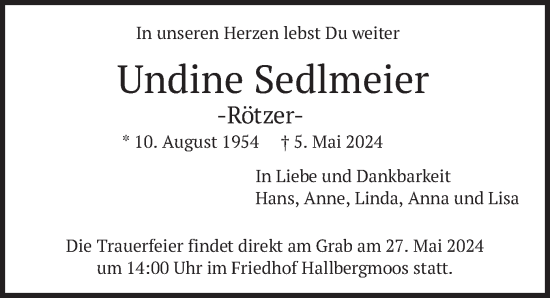 Traueranzeige von Undine Sedimeier von merkurtz