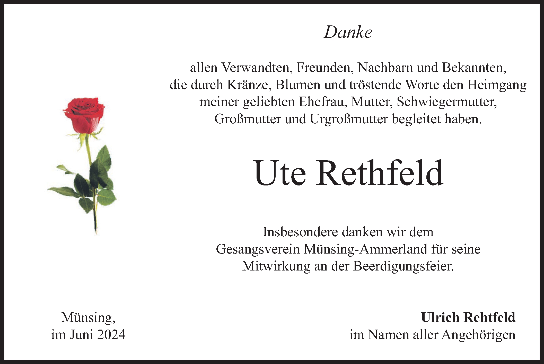  Traueranzeige für Ute Rethfeld vom 01.06.2024 aus merkurtz
