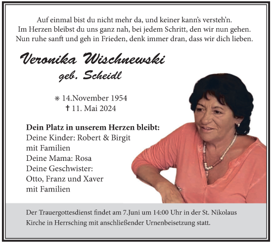 Traueranzeige von Veronika Wischnewski von merkurtz