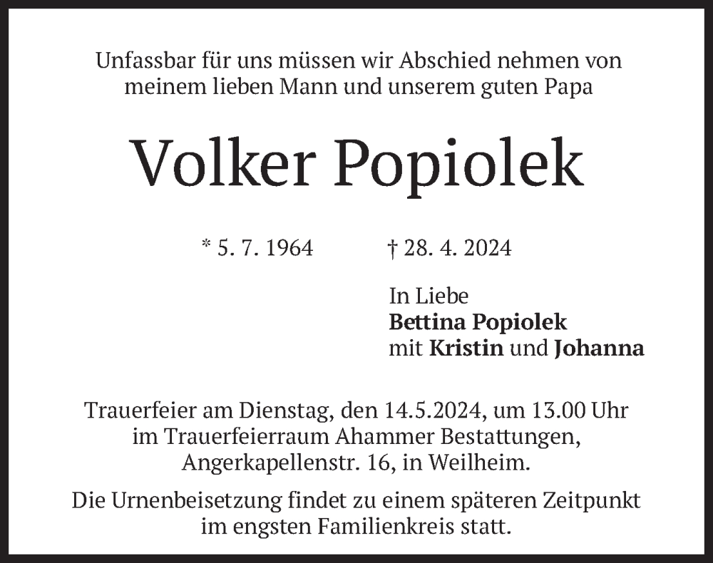  Traueranzeige für Volker Popiolek vom 04.05.2024 aus merkurtz