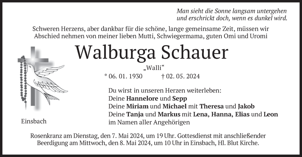  Traueranzeige für Walburga Schauer vom 04.05.2024 aus merkurtz