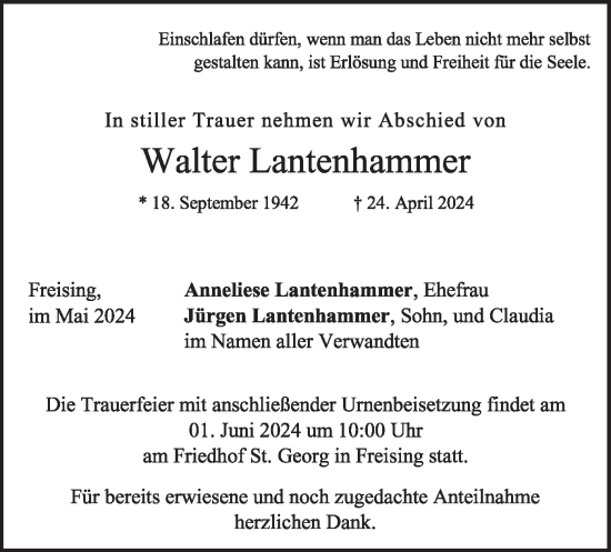 Traueranzeige von Walter Lantenhammer von merkurtz