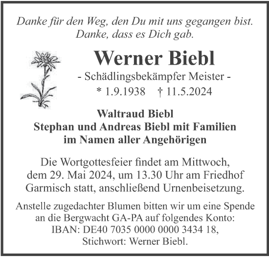 Traueranzeige von Werner Biebl von merkurtz