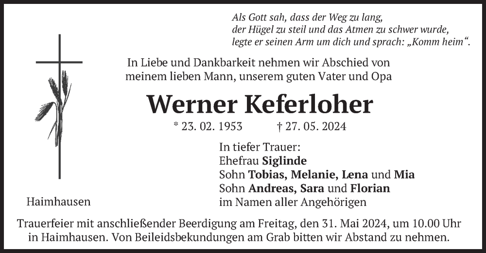  Traueranzeige für Werner Keferloher vom 28.05.2024 aus merkurtz