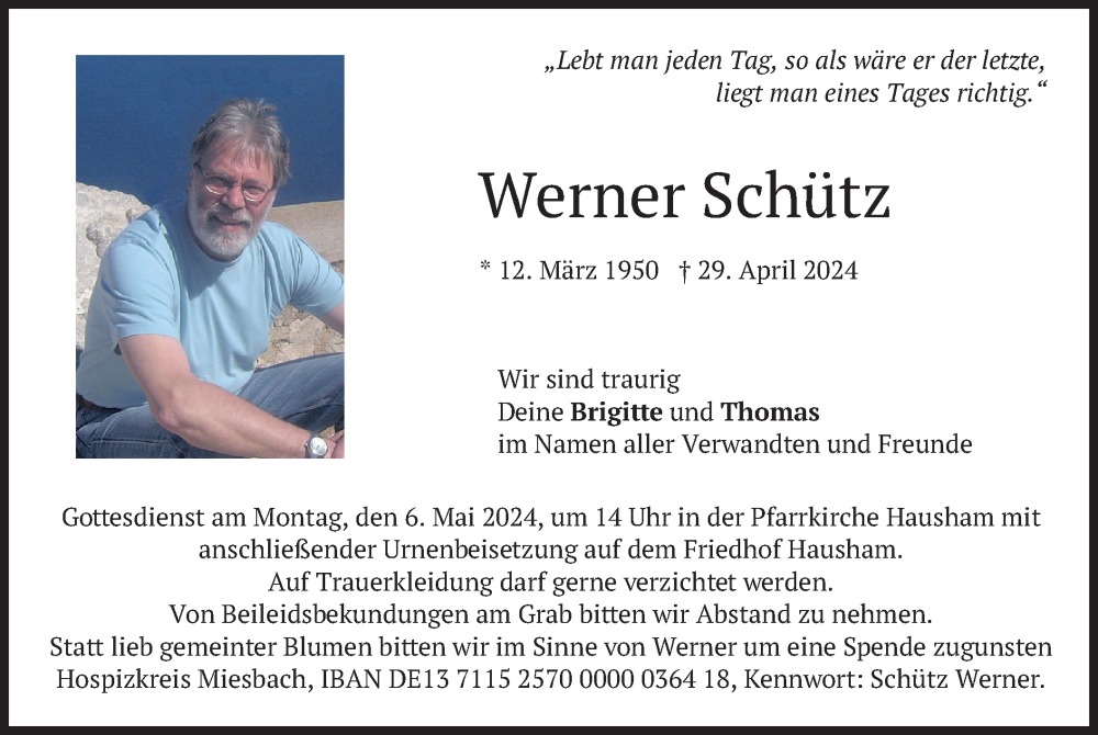  Traueranzeige für Werner Schütz vom 02.05.2024 aus merkurtz