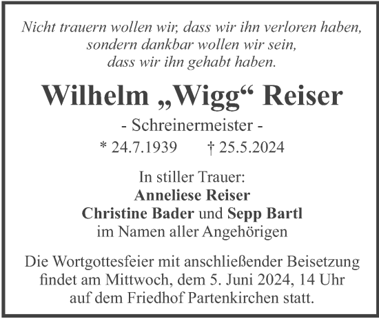 Traueranzeige von Wilhelm Reiser von merkurtz