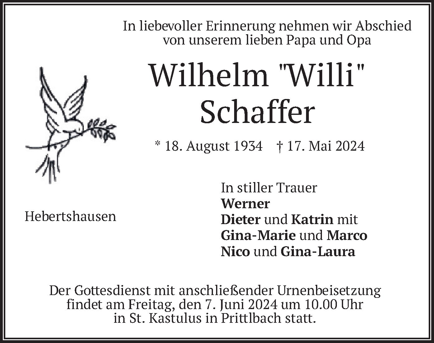  Traueranzeige für Wilhelm Schaffer vom 01.06.2024 aus merkurtz