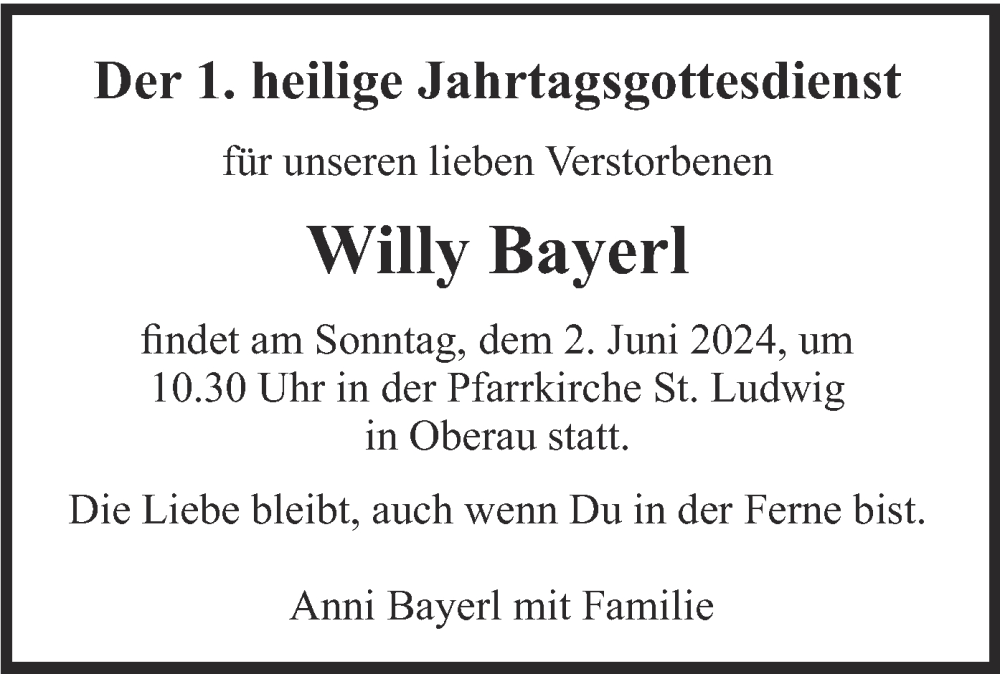  Traueranzeige für Willy Bayerl vom 31.05.2024 aus merkurtz