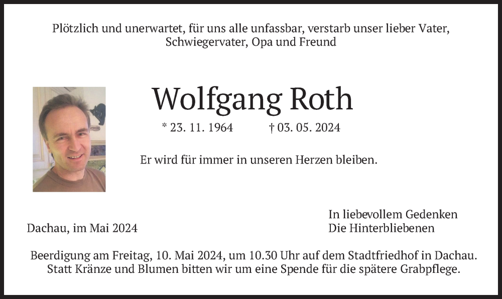  Traueranzeige für Wolfgang Roth vom 08.05.2024 aus merkurtz