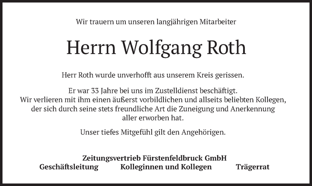  Traueranzeige für Wolfgang Roth vom 08.05.2024 aus merkurtz