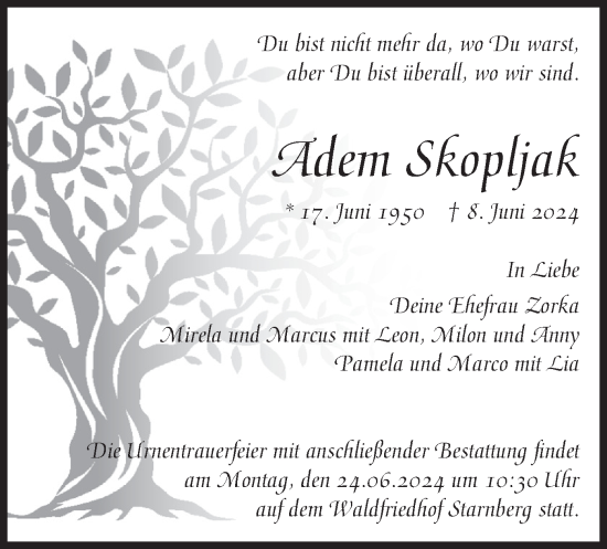 Traueranzeige von Adem Skopljak von merkurtz