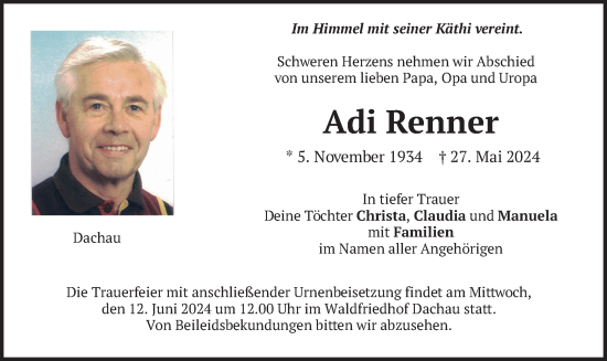 Traueranzeige von Adi Renner von merkurtz