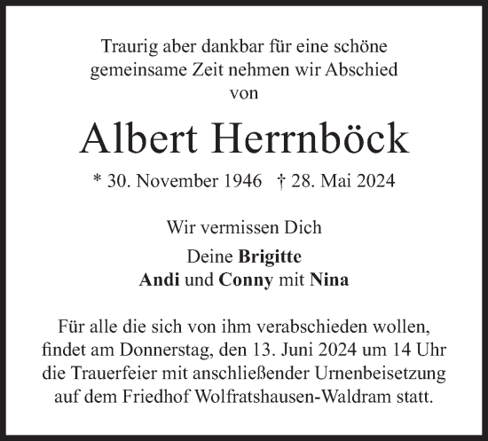 Traueranzeige von Albert Herrnböck von merkurtz