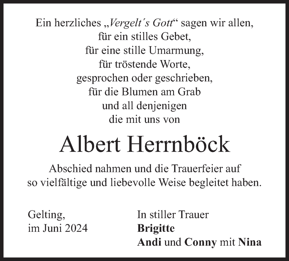  Traueranzeige für Albert Herrnböck vom 22.06.2024 aus merkurtz