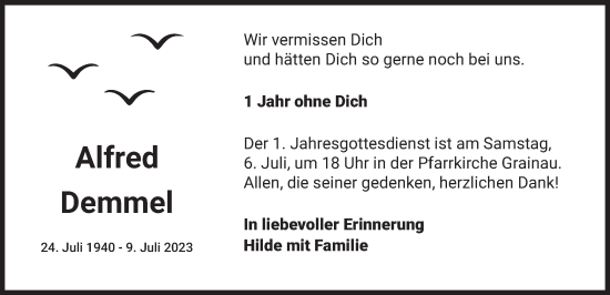 Traueranzeige von Alfred Demmel von merkurtz