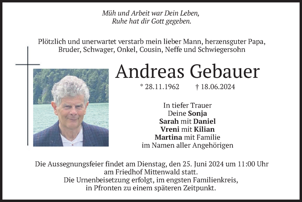  Traueranzeige für Andreas Gebauer vom 22.06.2024 aus merkurtz