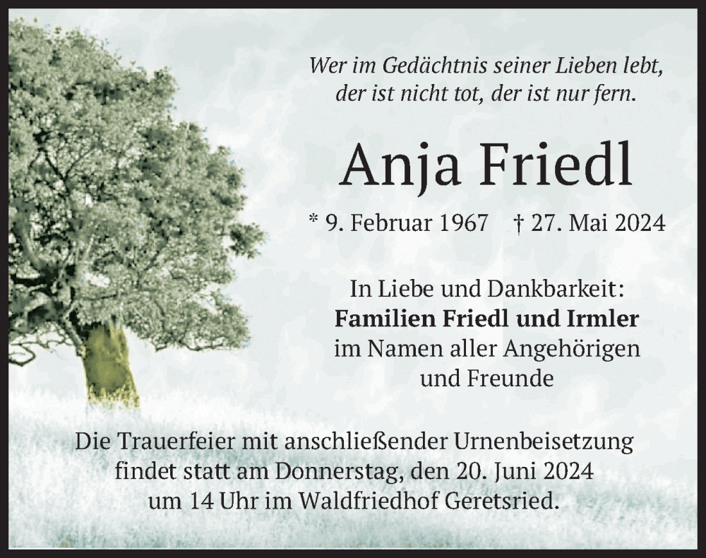  Traueranzeige für Anja Friedl vom 15.06.2024 aus merkurtz