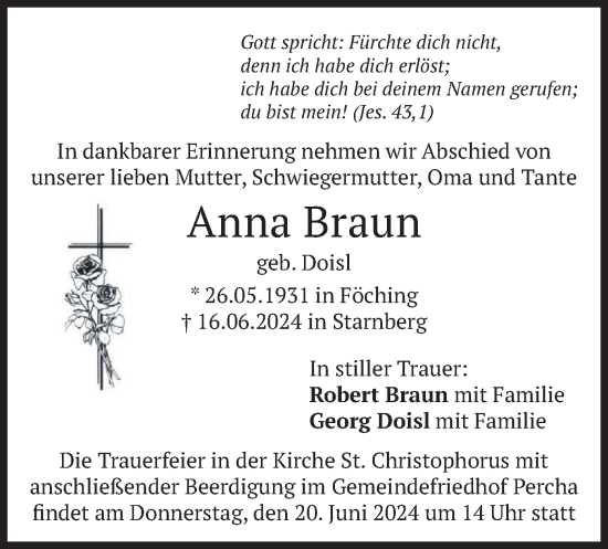 Traueranzeige von Anna Maria Braun von merkurtz