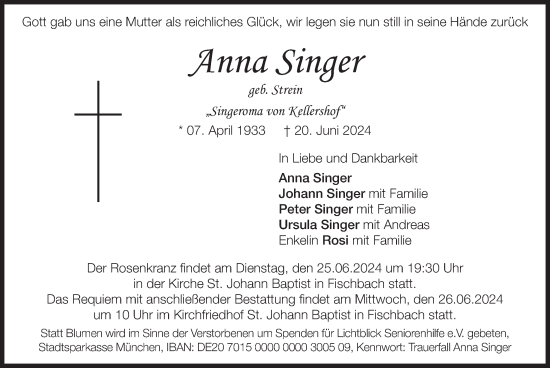 Traueranzeige von Anna Singer von merkurtz