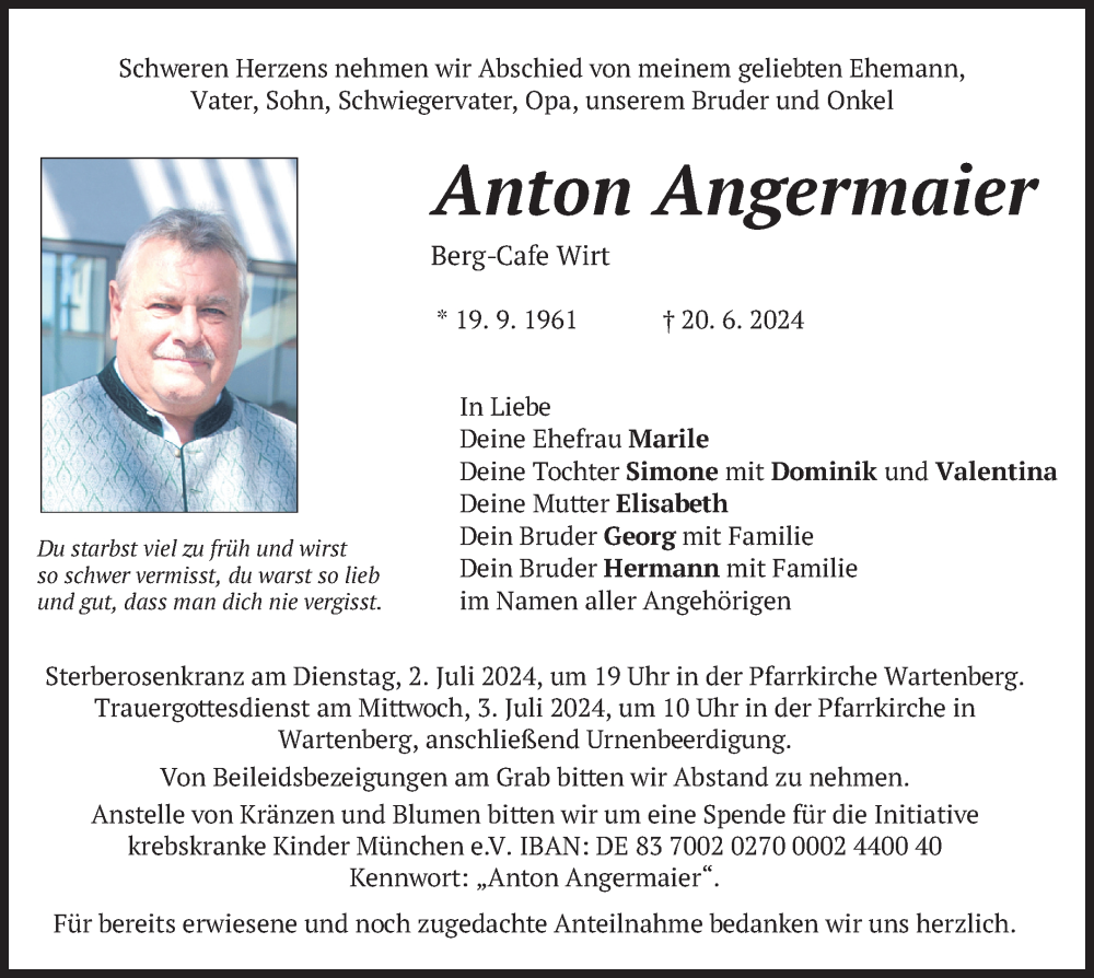  Traueranzeige für Anton Angermaier vom 29.06.2024 aus merkurtz