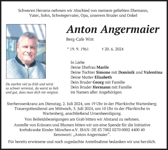 Traueranzeige von Anton Angermaier von merkurtz