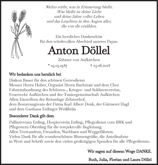 Traueranzeige von Anton Döllel von merkurtz