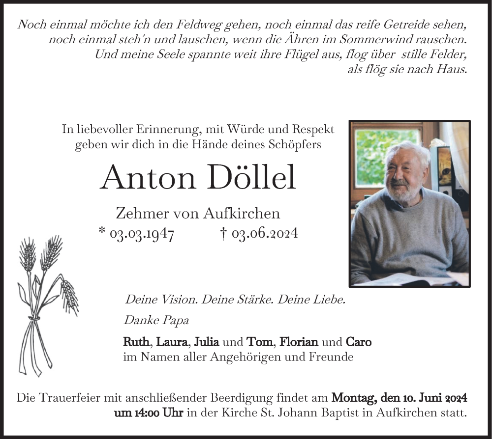  Traueranzeige für Anton Döllel vom 07.06.2024 aus merkurtz