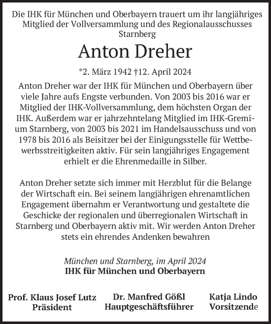 Traueranzeige von Anton Dreher von merkurtz