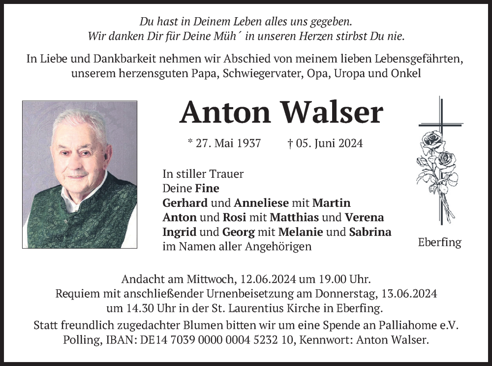  Traueranzeige für Anton Walser vom 08.06.2024 aus merkurtz