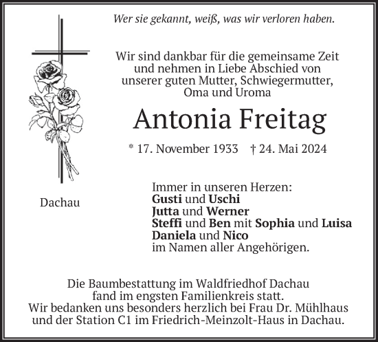 Traueranzeige von Antonia Freitag von merkurtz