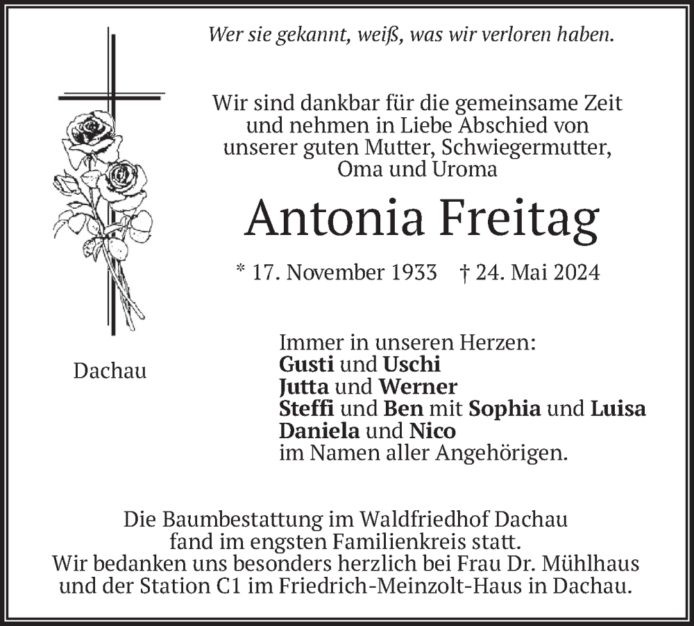  Traueranzeige für Antonia Freitag vom 15.06.2024 aus merkurtz