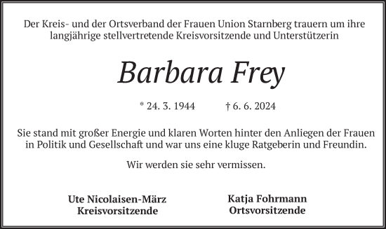Traueranzeige von Barbara Frey von merkurtz