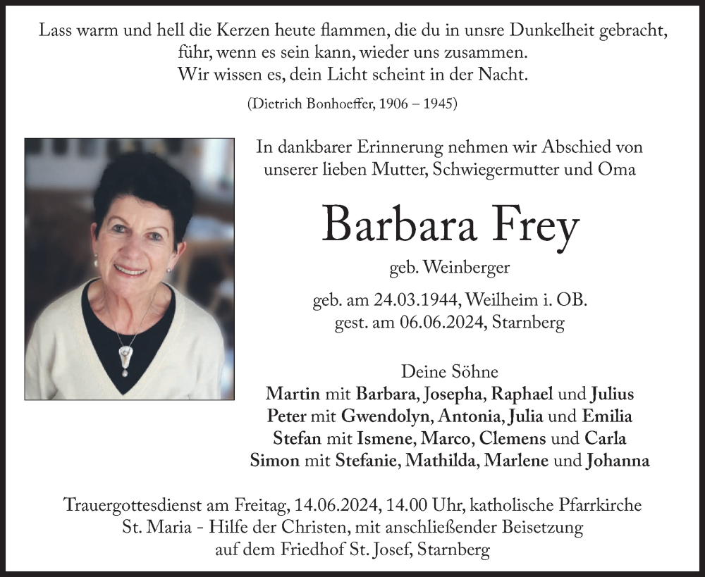  Traueranzeige für Barbara Frey vom 11.06.2024 aus merkurtz