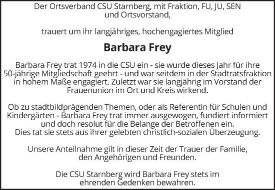 Traueranzeige von Barbara Frey von merkurtz