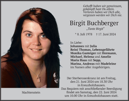Traueranzeige von Birgit Buchberger von merkurtz