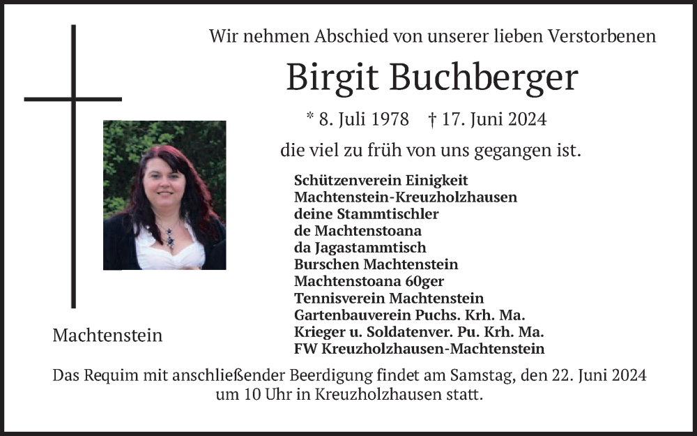  Traueranzeige für Birgit Buchberger vom 21.06.2024 aus merkurtz