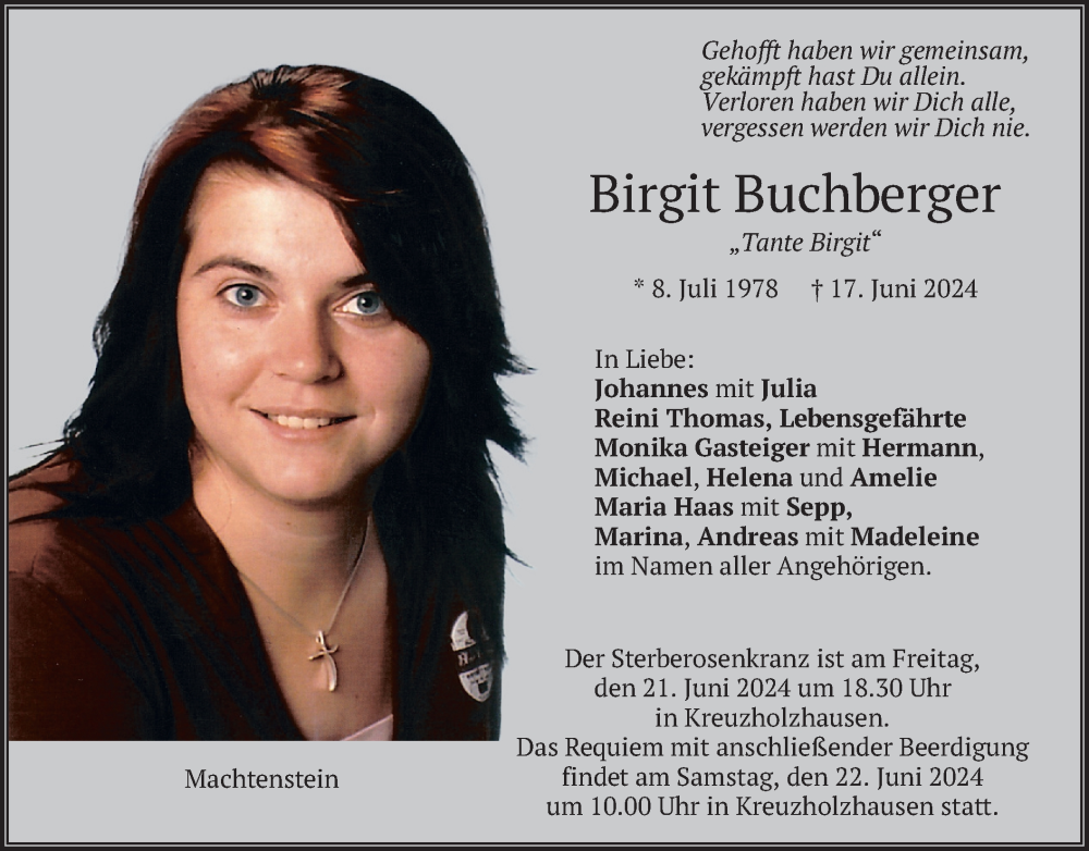  Traueranzeige für Birgit Buchberger vom 19.06.2024 aus merkurtz