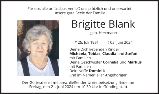 Traueranzeige von Brigitte Blank von merkurtz