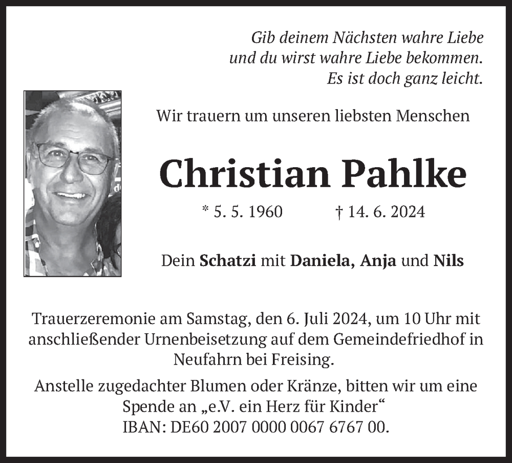  Traueranzeige für Christian Pahlke vom 29.06.2024 aus merkurtz