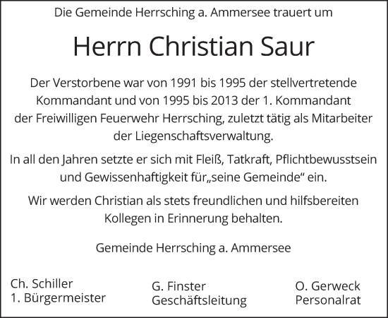Traueranzeige von Christian Saur von merkurtz