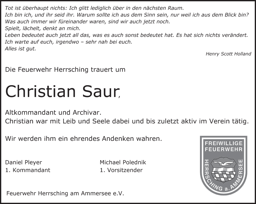  Traueranzeige für Christian Saur vom 22.06.2024 aus merkurtz