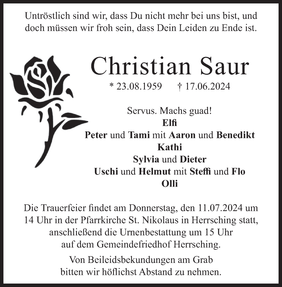  Traueranzeige für Christian Saur vom 29.06.2024 aus merkurtz
