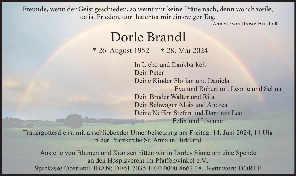  Traueranzeige für Dorle Brandl vom 08.06.2024 aus merkurtz