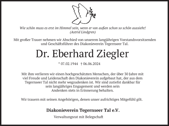 Traueranzeige von Eberhard Ziegler von merkurtz