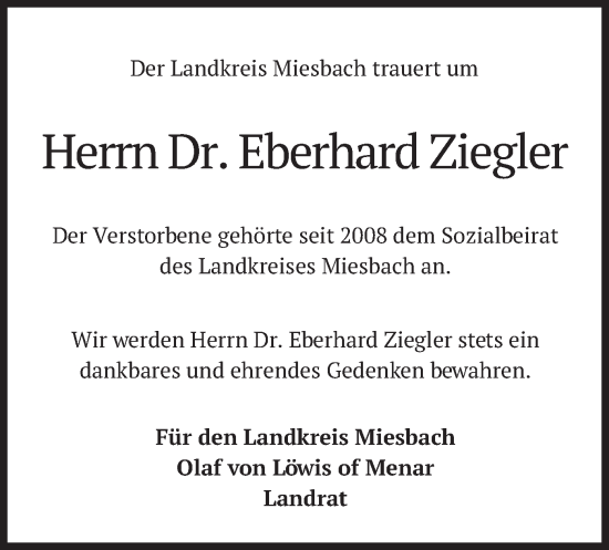 Traueranzeige von Eberhard Ziegler von merkurtz