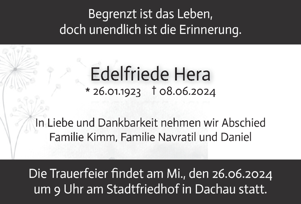  Traueranzeige für Edelfriede Hera vom 22.06.2024 aus merkurtz
