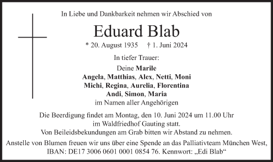 Traueranzeige von Eduard Blab von merkurtz