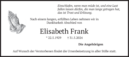 Traueranzeige von Elisabeth Frank von merkurtz