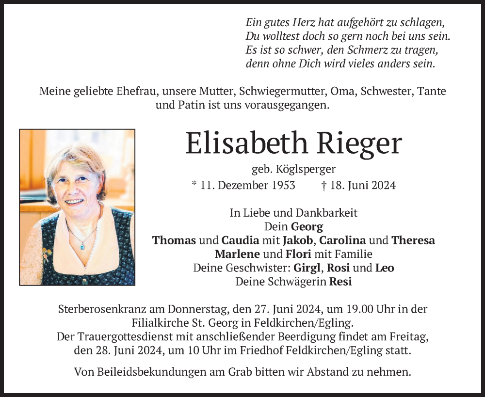  Traueranzeige für Elisabeth Rieger vom 22.06.2024 aus merkurtz